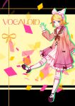  1girl absurdres alternate_costume blonde_hair blue_eyes hair_ornament hair_ribbon hairclip hand_up happy highres kagamine_rin looking_at_viewer molianmengdada open_mouth ribbon shoes short_hair smile solo vocaloid waving 