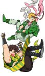  2boys ^_^ battle_tendency blonde_hair blue_eyes blush boots brown_hair caesar_anthonio_zeppeli carota327 cigarette closed_eyes crop_top double_v facial_mark falling fang feather_hair_ornament feathers fingerless_gloves gloves green_jacket green_scarf hair_ornament highres jacket jojo_no_kimyou_na_bouken joseph_joestar joseph_joestar_(young) knee_pads male_focus midriff multicolored_clothes multicolored_scarf multiple_boys pink_scarf scarf striped striped_scarf triangle_print v vertical-striped_scarf vertical_stripes yellow_scarf 