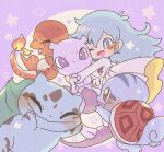  1girl ambertwo_(pokemon) blue_eyes blue_hair bulbasaur charmander closed_eyes closed_mouth dot_mouth dress fang flame-tipped_tail hair_between_eyes hug long_hair mewtwo one_eye_closed open_mouth pokemon pokemon:_the_first_movie_-_mewtwo_strikes_back pokemon_(anime) pokemon_(classic_anime) pokemon_(creature) purple_background purple_eyes ribbon squirtle turtle_shell white_dress yoshishi_(yosisitoho) 