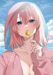  1girl absurdres blue_eyes blue_nails blue_sky breasts candy cleavage collarbone day food food_in_mouth gyaru highres holding holding_candy holding_food holding_lollipop hood hood_up hoodie horizon large_breasts light_(lightpicture33) lips lollipop looking_at_viewer medium_hair nail_polish ocean open_clothes open_hoodie outdoors pink_hair pink_hoodie sky solo upper_body yahari_ore_no_seishun_lovecome_wa_machigatteiru. yuigahama_yui 