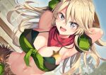 1girl :d armpits arms_up bandeau bare_shoulders belt blonde_hair blue_eyes breasts brown_belt cleavage collarbone commentary_request cosplay cowboy_shot detached_sleeves dutch_angle fence front-tie_top green_bandeau green_skirt green_sleeves groin hair_between_eyes hat_on_back holster iowa_(kancolle) kantai_collection large_breasts light_particles long_hair looking_at_viewer midriff navel outdoors puffy_detached_sleeves puffy_sleeves red_scarf scarf sheriff_badge sidelocks skirt smile solo standing star_(symbol) taiki_shuttle_(umamusume) taiki_shuttle_(umamusume)_(cosplay) teeth umamusume upper_teeth_only wooden_fence yasume_yukito 