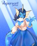  anthro big_breasts blue_body blue_bottomwear blue_clothing blue_skirt blush bottomwear breasts clothing ear_fins eeveelution female fin frill_(anatomy) frilly frilly_clothing generation_1_pokemon glistening glistening_body head_fin hi_res looking_at_viewer neck_frill nintendo patrasche99 pokemon pokemon_(species) skirt smile solo tail tail_fin topwear vaporeon white_clothing white_topwear 
