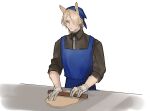  1boy animal_ears apron arknights black_shirt blonde_hair blue_apron closed_mouth collared_shirt dough grey_necktie hair_over_one_eye head_scarf highres horse_ears long_sleeves male_focus mlynar_(arknights) necktie rolling_pin senjou_no_pentsu shirt simple_background sketch solo upper_body white_background 