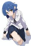  absurdres black_socks blue_hair bocchi_the_rock! highres kneehighs long_sleeves looking_at_viewer mole mole_under_eye neck_ribbon oekakiism ribbon school_uniform shimokitazawa_high_school_uniform shirt short_hair socks squatting white_background white_shirt yamada_ryou yellow_eyes 