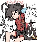  1girl :3 ahoge arm_up black_hair black_shorts blue_archive bright_pupils buttons closed_mouth coat coat_partially_removed collared_shirt commentary_request demon_girl demon_horns demon_tail dress_shirt feet_out_of_frame hair_flaps hair_intakes half-closed_eyes halo hand_on_own_head hand_up head_rest highres horns invisible_chair kasumi_(blue_archive) light_blush looking_at_viewer red_shirt rumford shirt short_eyebrows short_shorts shorts sitting sleeves_past_fingers sleeves_past_wrists smirk solo tail v-shaped_eyebrows white_coat white_pupils yellow_eyes 