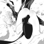  1girl ass bare_legs black_dress clip_studio_paint_(medium) curly_hair dress flipped_hair floating floating_object floating_rock high_heels highres intensify_0 levitation long_sleeves looking_at_viewer medium_hair monochrome no_panties one-punch_man open_mouth petite side_slit solo tatsumaki thighs 