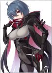  1girl absurdres ahoge bangs black_bodysuit black_cape black_hair bodysuit breasts cape claw_(weapon) closed_mouth highres honkai_(series) honkai_impact_3rd kei_(soundcross) looking_at_viewer mole mole_under_mouth raven_(honkai_impact) red_eyes short_hair simple_background smile solo weapon white_background 