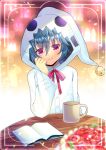  1girl bell blue_hair blurry blurry_background blurry_foreground book bow closed_mouth commentary_request commission cup depth_of_field ghost_costume hair_between_eyes hand_up idol_corp jingle_bell kou_hiyoyo long_sleeves looking_at_viewer mug open_book red_bow red_eyes skeb_commission smile solo table virtual_youtuber wide_sleeves yuko_yurei 