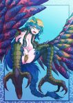  1girl absurdly_long_hair absurdres bird_legs blonde_hair blue_background blue_hair braid breasts ear_piercing feather_hair_ornament feathered_wings feathers hair_between_eyes hair_ornament harpy highres hkdd99 large_breasts long_hair monster_girl multicolored_hair multicolored_wings original piercing pointy_ears scales sharp_teeth single_braid solo talons teeth tongue tongue_out very_long_hair winged_arms wings yellow_eyes 