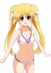  1girl azumaya_hironaru bikini blonde_hair blush breasts cleavage fate_testarossa hair_ribbon large_breasts long_hair looking_at_viewer lyrical_nanoha mahou_shoujo_lyrical_nanoha_strikers navel open_mouth red_eyes ribbon simple_background smile solo swimsuit twintails white_background white_bikini 