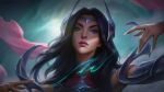  1girl armor artist_name artstation_username black_hair blue_eyes blurry blurry_background bodysuit closed_mouth detached_sleeves expressionless fingernails floating_hair foritis_wang hair_ornament headpiece high_collar highres irelia league_of_legends light long_hair looking_at_viewer outdoors parted_bangs pink_lips serious sharp_fingernails shiny_skin shoulder_armor simple_background solo tiara upper_body 