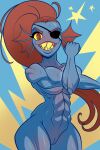  2023 abs absurd_res anthro blen_bodega blue_body eye_patch eye_patch_only eyewear female fish genitals grin hair half-length_portrait hi_res marine muscular muscular_female nude one_eye_obstructed portrait pussy red_hair smile solo undertale_(series) undyne yellow_teeth 