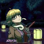  1girl absurdres blonde_hair blood bright_pupils commentary english_commentary goshatkach green_eyes highres lantern mizuhashi_parsee nail partially_submerged pixel_art pointy_ears short_hair short_sleeves snake touhou upper_body white_pupils white_snake 