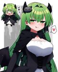  +_+ 1girl absurdres alternate_costume blush breasts chibi chibi_inset cleavage demon_costume demon_wings earrings elbow_gloves fang gloves green_eyes green_hair hair_intakes hair_tubes heart highres horns jewelry kochiya_sanae long_hair looking_at_viewer open_mouth shrug_(clothing) skin_fang spoken_heart stud_earrings tongue tongue_out touhou very_long_hair wings you_(noanoamoemoe) 