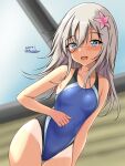  1girl black_one-piece_swimsuit blonde_hair blue_eyes blue_one-piece_swimsuit blush competition_swimsuit covered_navel cowboy_shot dated flower grey_hair hair_between_eyes hair_flower hair_ornament highleg highleg_swimsuit highres kantai_collection long_hair looking_at_viewer montemasa multicolored_clothes multicolored_swimsuit one-hour_drawing_challenge one-piece_swimsuit one-piece_tan open_mouth rei_no_pool ro-500_(kancolle) smile solo swimsuit tan tanlines twitter_username two-tone_swimsuit wet wet_clothes wet_swimsuit 