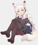  1girl :3 :d animal_ear_fluff animal_ears bag bag_charm black_cardigan black_choker black_pantyhose black_skirt cardigan charm_(object) choker fang fox_ears fox_girl fox_tail full_body highres long_hair long_sleeves looking_at_viewer miniskirt off_shoulder open_mouth orange_eyes original pantyhose pleated_skirt school_bag school_uniform shirt simple_background skirt sleeveless sleeveless_shirt smile smug tail ug_(nekonekodou) white_background white_hair white_shirt 