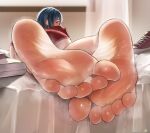  1girl absurdres barefoot blue_hair commentary commission english_commentary eyelashes feet foot_focus foreshortening gym_uniform highres hitomi-chan_wa_hitomishiri indoors looking_at_viewer looking_back lying nikishiko on_stomach parted_bangs pixiv_commission red_footwear red_shirt red_shorts shirt shoes short_hair shorts signature smell sneakers soles solo steaming_body sweat sweatdrop takano_hitomi toe_scrunch toes unworn_shoes variant_set 