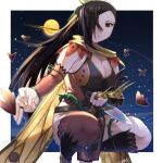  1girl asymmetrical_legwear boots border breasts brown_eyes brown_hair cape cleavage dagger dress expressionless fire_emblem fire_emblem_fates fire_emblem_heroes foreshortening hair_ornament hair_over_one_eye hand_gesture highres holding holding_dagger holding_knife holding_weapon ikura_(downdexp) kagero_(fire_emblem) kagero_(resplendent)_(fire_emblem) knee_boots knife large_breasts long_hair looking_at_viewer official_alternate_costume plant reverse_grip short_dress single_thighhigh solo thighhighs thorns vines weapon white_border 