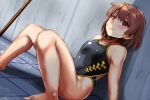  1girl absurdres arena_(company) bandaid bandaid_on_face barefoot black_one-piece_swimsuit blue_sky brown_hair commentary_request competition_swimsuit highres kantai_collection logo looking_at_viewer oboro_(kancolle) one-piece_swimsuit red_eyes short_hair sitting sky solo swimsuit tile_floor tiles yellow_quokka 