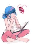  2girls antennae blue_eyes blue_hair book commentary crossed_legs highres holding holding_book looking_at_another marinette_dupain-cheng miraculous_ladybug multiple_girls open_book reading seio_(nao_miragggcc45) tikki_(miraculous_ladybug) twitter_username watch white_background wristwatch 