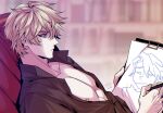  1boy alternate_costume bare_pectorals blonde_hair blue_eyes closed_mouth collarbone drawing english_commentary gepard_landau ginsan holding holding_pencil honkai:_star_rail honkai_(series) male_focus open_clothes pectorals pencil sampo_koski sitting upper_body v-shaped_eyebrows 