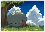  blue_sky blush blush_stickers border closed_eyes closed_mouth cloud cloudy_sky commentary_request day flower grass highres kirby kirby_(series) korean_commentary no_humans nt_26 outdoors shade sitting sky sleeping sleeping_upright tree tree_shade void_soul white_border yellow_flower 