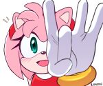  1girl amy_rose blush flick furry furry_female gloves green_eyes highres hobi_(4622j) looking_at_viewer open_mouth simple_background smile solo sonic_(series) twitter_username upper_body white_background white_gloves 