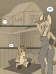  3:4 5_fingers anthro barn biped canid canine clothed clothing comic english_text female fennec fingers fox freckles_(artist) hair mammal open_mouth open_smile plushie smile solo tail text 