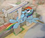  2015 aircraft airplane blue_body building city equid equine female feral friendship_is_magic hasbro headgear headphones headset macro mammal mane microphone mouth_closed multicolored_mane my_little_pony outside pegasus purple_eyes rainbow_dash_(mlp) rainbow_mane rainbow_trail rapidstrike wings 