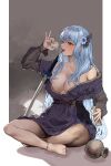  1girl absurdres alcohol barefoot bead_anklet beads blue_hair blush bottle breasts brown_eyes chroong cleavage drinking drunk full_body hair_ornament highres holding large_breasts long_hair long_sleeves off_shoulder original popped_collar see-through see-through_sleeves sitting solo sword thighs tongue tongue_out very_long_hair weapon 