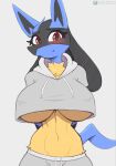  anthro biped black_body blue_body breasts clothed clothing cooliehigh eyelashes female front_view generation_4_pokemon grey_background hi_res looking_at_viewer lucario navel nintendo pokemon pokemon_(species) red_eyes simple_background smile solo tan_body under_boob 