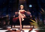  1girl absurdres bare_legs bare_shoulders barefoot black_footwear blurry blurry_background blurry_foreground breasts brown_hair cleavage collarbone crossed_legs depth_of_field dress feet full_body hair_between_eyes high_heels highres indoors instrument large_breasts legs medium_hair meiko_(vocaloid) moon night night_sky piano red_dress red_eyes shadow shoes shoes_removed sitting sky solo star_(sky) starry_sky thighs tile_floor tiles toenails toes vocaloid window yen-mi 