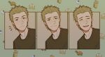  1boy black_shirt blonde_hair brown_eyes cigarette_pack closed_eyes envelope expressions eyeball head_out_of_frame heartgrooooove looking_at_viewer male_focus morishima_tokio multiple_views parted_lips shirt smile surprised t-shirt teeth the_silver_case turtle upper_body 