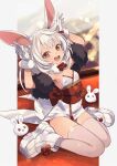  1girl :d animal_ears armpits arms_up bare_shoulders breasts brown_eyes commentary_request fur-trimmed_gloves fur_trim gloves highres looking_at_viewer obi original pink_thighhighs rabbit_ears rabbit_girl rabbit_pose rabbit_tail sash shoes short_eyebrows sitting small_breasts smile solo strapless tail thick_eyebrows thighhighs v-shaped_eyebrows wariza white_footwear white_gloves white_hair yuko_(uc_yuk) 