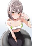  1girl bare_shoulders black_pants breasts green_eyes hand_up highres looking_at_viewer motto_notto navel original pants shirt short_hair sitting solo watch wristwatch 