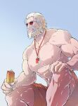  1boy abs artist_name bara baywatch beard closed_mouth evinist facial_hair food highres holding holding_food large_pectorals male_focus male_swimwear mature_male muscular muscular_male nipples overwatch overwatch_1 pectorals red_male_swimwear reinhardt_(overwatch) scar scar_across_eye scar_on_face short_hair simple_background sitting solo sunglasses topless_male whistle whistle_around_neck white_hair 