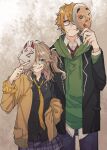  1boy 1girl black_shirt blue_eyes brown_hair cardigan collared_shirt fox_mask glasses gonzui_(fukazume) green_hoodie grin gyaru hand_in_pocket holding holding_mask hood hoodie kasukabe_tsumugi long_hair long_sleeves mask minase_kou mole mole_under_eye necktie one_side_up open_clothes shirt short_hair skirt smile voiceroid voicevox yellow_necktie 