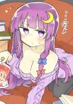 1girl alternate_costume bag bare_shoulders black_pantyhose blue_bow blunt_bangs blush book bow breasts cleavage closed_mouth crescent crescent_hair_ornament hair_bow hair_ornament heart large_breasts long_hair looking_at_viewer matsu_kitsune no_headwear pantyhose patchouli_knowledge purple_eyes purple_shirt red_bow shirt solo star_(symbol) sweatdrop touhou translation_request very_long_hair 