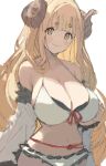  1girl anila_(granblue_fantasy) anila_(summer)_(granblue_fantasy) bikini blonde_hair blunt_bangs blush breasts brown_horns closed_mouth curled_horns detached_sleeves draph gorirago granblue_fantasy highres horns huge_breasts large_breasts layered_bikini long_hair looking_at_viewer sheep_horns simple_background sketch smile solo swimsuit very_long_hair white_background white_bikini wide_sleeves 