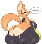  anthro arizonathevixen big_breasts big_butt bottomwear bra breasts butt canid canine clothing diane_foxington dreamworks english_text exclamation_point female fox green_eyes half-closed_eyes hi_res huge_breasts huge_butt huge_hips huge_thighs looking_back mammal narrowed_eyes open_mouth orange_body profanity shorts solo speech_bubble sports_bra struggling_to_fit text the_bad_guys thick_thighs underwear wide_hips 
