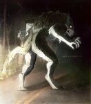  2023 5_fingers anthro arm_scar artist_logo artist_name breasts butt canid canine canis claws detailed_background digital_media_(artwork) facial_scar feet female fingers forest frown full-length_portrait fur glowing glowing_eyes grey_body grey_fur hair headlights hi_res leg_scar logo looking_back mammal muscular muscular_anthro muscular_female natalie_de_corsair outside plant portrait rear_view road scar sharp_teeth side_boob solo tail teeth thigh_scar toe_claws toes tree tuft were werecanid werecanine werewolf wolf 