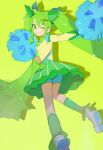  1girl absurdres blue_shorts blush breasts cheerleader commentary_request grass_miku_(project_voltage) green_background green_eyes green_hair green_skirt green_socks hair_ornament hand_up hatsune_miku highres holding holding_pom_poms leaf_hair_ornament long_hair long_sleeves looking_at_viewer makagi2 musical_note musical_note_hair_ornament one_eye_closed open_mouth outstretched_arm pokemon pom_pom_(cheerleading) project_voltage shoes shorts skirt small_breasts smile socks solo standing standing_on_one_leg twintails very_long_hair vocaloid white_footwear x_hair_ornament 