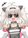  1girl :d antenna_hair blush collar fangs grey_hair highres long_hair long_sleeves looking_at_viewer matsukai_mao nijisanji ohako open_mouth simple_background smile solo spiked_collar spikes sunglasses twintails upper_body virtual_youtuber white_background 