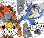  ambiguous_gender anthro biped black_body black_fur blue_body duo fur generation_4_pokemon generation_7_pokemon green_eyes grey_body gyu_hydrogen incineroar lucario nintendo pokemon pokemon_(species) red_body red_eyes red_fur smile smirk tan_body tan_fur yellow_sclera 