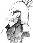  anthro choker clothed clothing dinosaur fang_(gvh) female goodbye_volcano_high hair half-closed_eyes jewelry long_hair long_snout looking_at_viewer makeup monochrome narrowed_eyes necklace pterodactylus pterosaur reptile scalie simple_background sketch snoot_game_(fan_game) snout solo unknown_artist white_background 