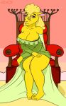  anthro big_breasts blonde_hair bovid breasts caprine chair female fur furniture gown hair hi_res mammal mystery-goop renaissance sheep solo thick_thighs yellow_body yellow_fur 