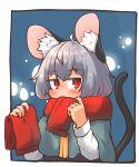  1girl animal_ear_fluff animal_ears blush capelet greenpiecerice grey_hair holding holding_clothes holding_scarf long_sleeves mouse_ears mouse_tail nazrin red_eyes red_scarf scarf shirt short_hair solo tail touhou white_shirt 