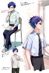  1boy arm_at_side belt black_belt black_pants blue_hair book breast_pocket buttons chair clenched_hand closed_mouth collared_shirt commentary_request cowboy_shot dark_blue_hair ensemble_stars! full_body fushimi_yuzuru glasses hand_up highres holding holding_book holding_pencil long_sleeves male_focus mole mole_under_eye necktie open_book open_collar pants parted_lips partial_commentary pencil plaid plaid_pants pocket purple_eyes shirt shoelaces short_bangs short_hair short_sleeves sitting sleeves_past_elbows translation_request user_vzxu4543 watch white_shirt window wristwatch 