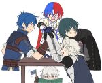  5boys alear_(fire_emblem) alear_(male)_(fire_emblem) arm_wrestling blue_hair book byleth_(fire_emblem) cape commentary_request corrin_(fire_emblem) corrin_(male)_(fire_emblem) fire_emblem fire_emblem:_mystery_of_the_emblem fire_emblem:_three_houses fire_emblem_engage fire_emblem_heroes flag gloves grey_hair hand_on_table highres holding kris_(fire_emblem) long_sleeves multicolored_hair multiple_boys open_mouth pointy_ears red_eyes red_hair robin_(fire_emblem) robin_(male)_(fire_emblem) short_hair short_sleeves simple_background struggling sweat sweatdrop table trembling white_background white_hair zuzu_(ywpd8853) 
