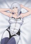  1girl armpits arms_up bed_sheet braid breasts cowboy_shot director_tau grey_hair highres lying medium_breasts medium_hair on_back seilindekos shirt short_hair sleeveless sleeveless_shirt snowbreak:_containment_zone white_shirt 